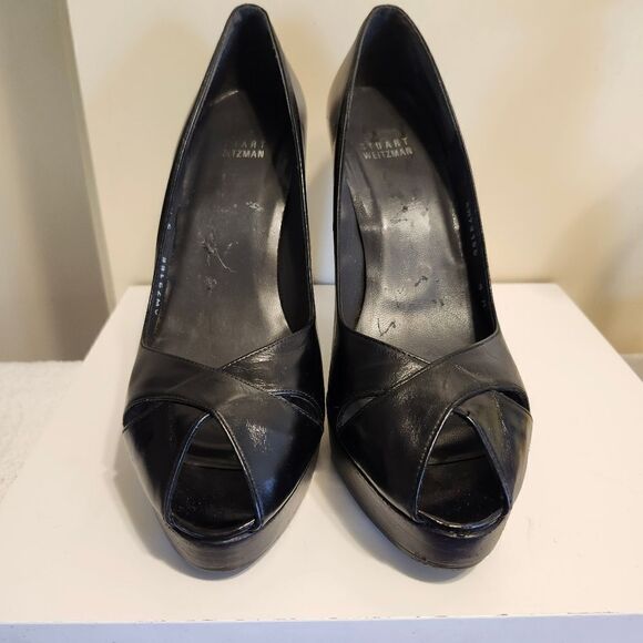 Stuart Weitzman Black Patent Leather Peep Toe Curved Heel Pumps sz.9 Ret $445 - Picture 6 of 9